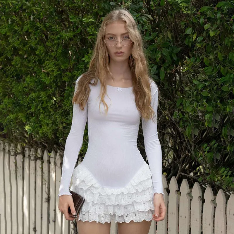 Fantoye Otoño Nuevo Vestido de Encaje con Cuello Redondo para Mujer, Blanco, de Manga Larga y Cintura Alta, Vestido Ajustado Elegante para Fiesta y Club.