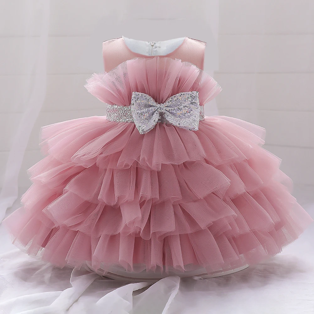 Toddler Fluffy Pink Wedding Party Dresses for Baby 2-8 Yrs Sequin Bow Tulle Baptism Birthday Princess Clothe Lace Summer Dresses