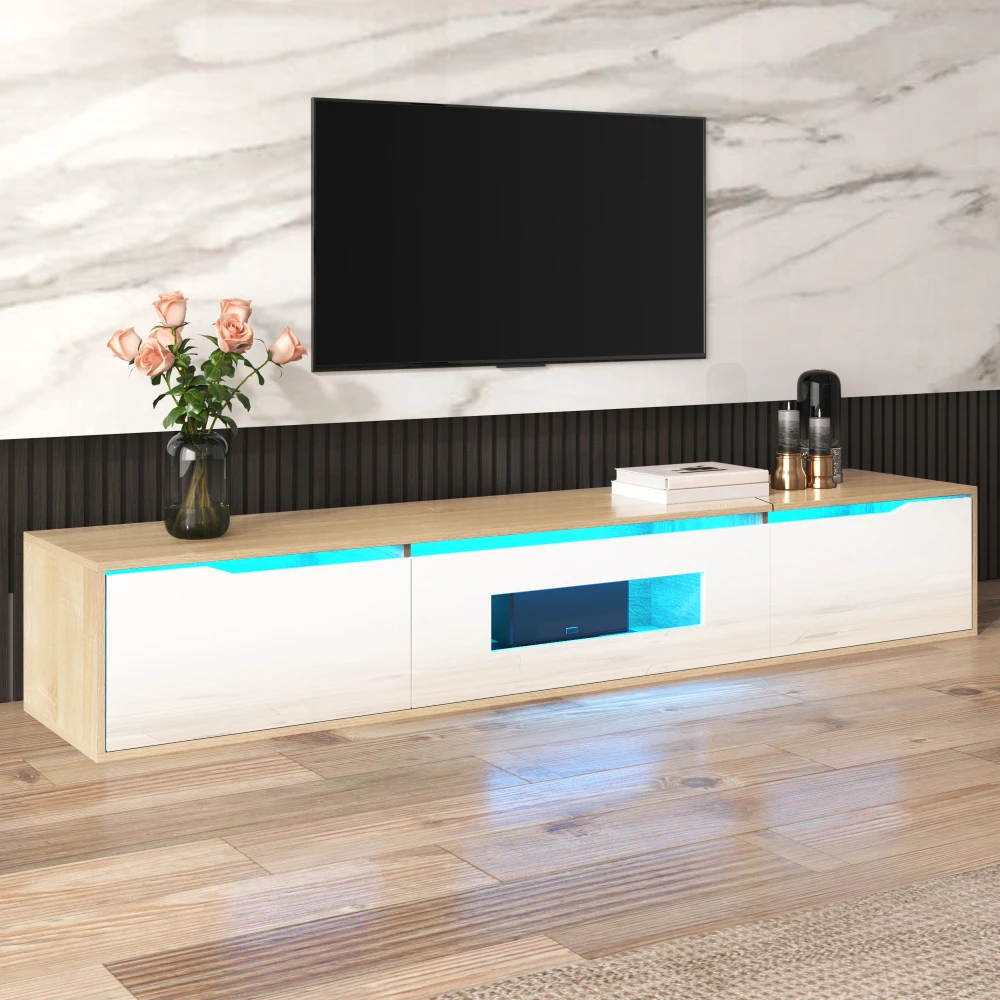 PINGGO Hochglanz-TV-Schrank Farblich Abgestimmte LED-Beleuchtung Weiß Holzton Heimunterhaltungs-Aufbewahrungseinheit – Detail 5
