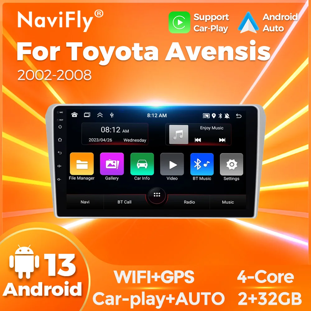 Navifly Android CarPlay 2 Din стерео радио для Toyota Avensis T250 2003-2009 со встроенным динамиком, микрофоном, функцией Wi-Fi
