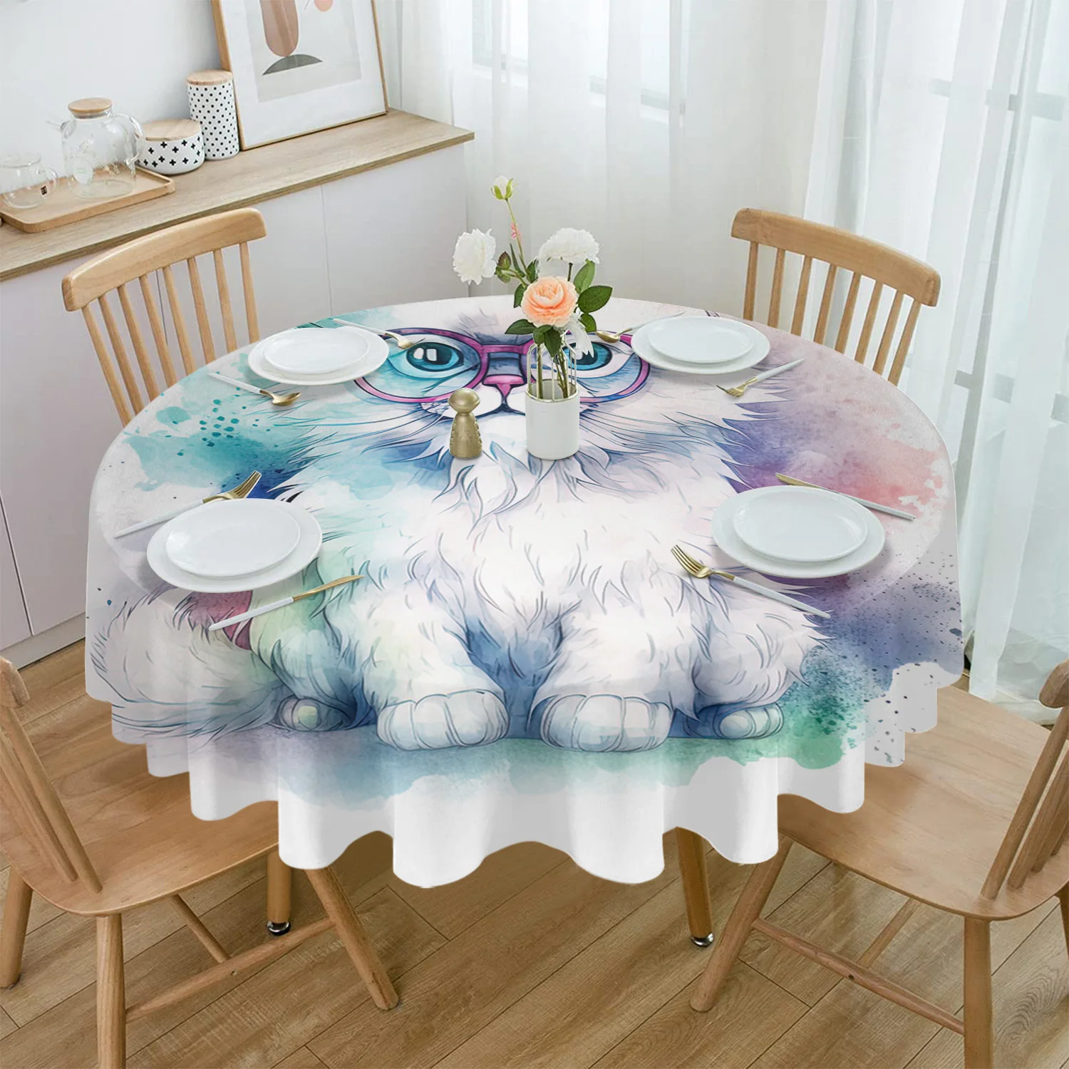 

Cat Watercolor Gradient Round Tablecloth Waterproof Wedding Party Table Cover Holiday Dining Table Tablecloth