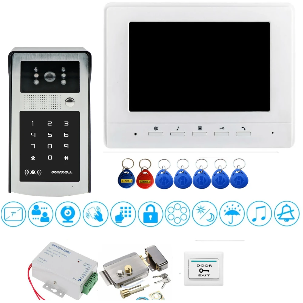 

7inch Video Door Phone Intercom Doorbell With RFID Password IR-CUT 1000TV Line Camera Wireless Remote Access Control System