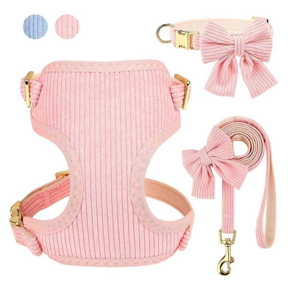 Pink Dog Collar Harness Leash Set Cute Dog Collar Leash Com Bowtie Soft Harness Vest Para Small