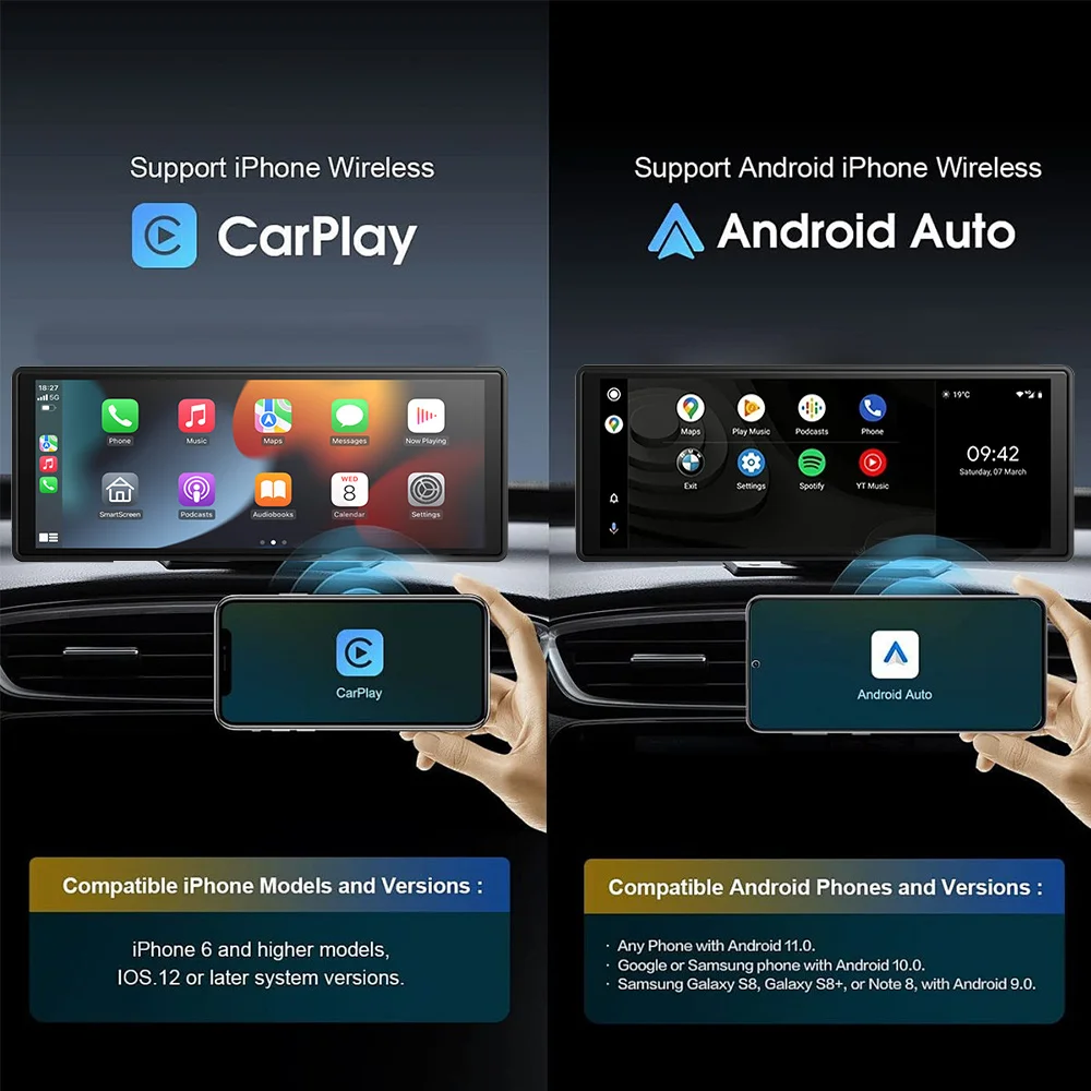10.26 Inch Portable Wireless Carplay Screen 4K Dual Rear Reversing Camera Car Radio DVR MP5 Multimedia Video Player Android Auto