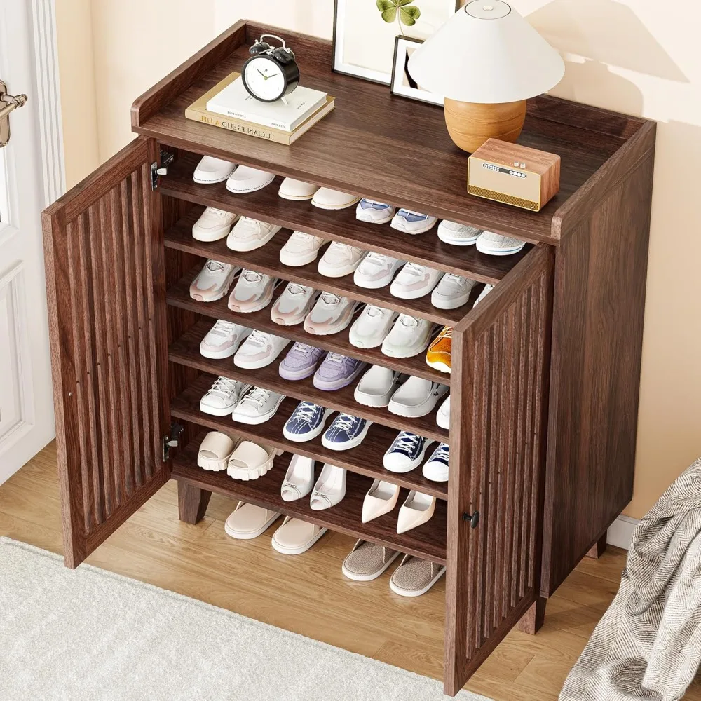 shoe cabinet with slatted doors, 6-tier shoe storage cabinet with adjustable shelves, wooden shoe rack organizer for entryway,