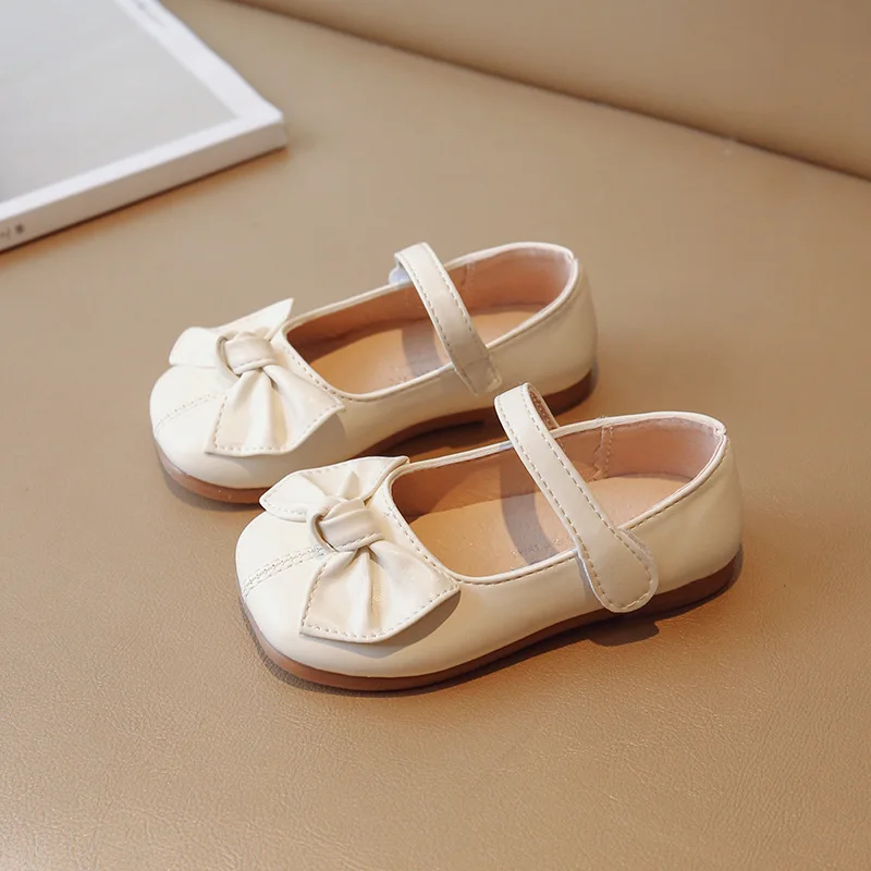Girls' Flat Shoes Korean Style Kids Causal Princess Leather Shoes Fashion Versatile Children's Walking Solid Color Bowtie