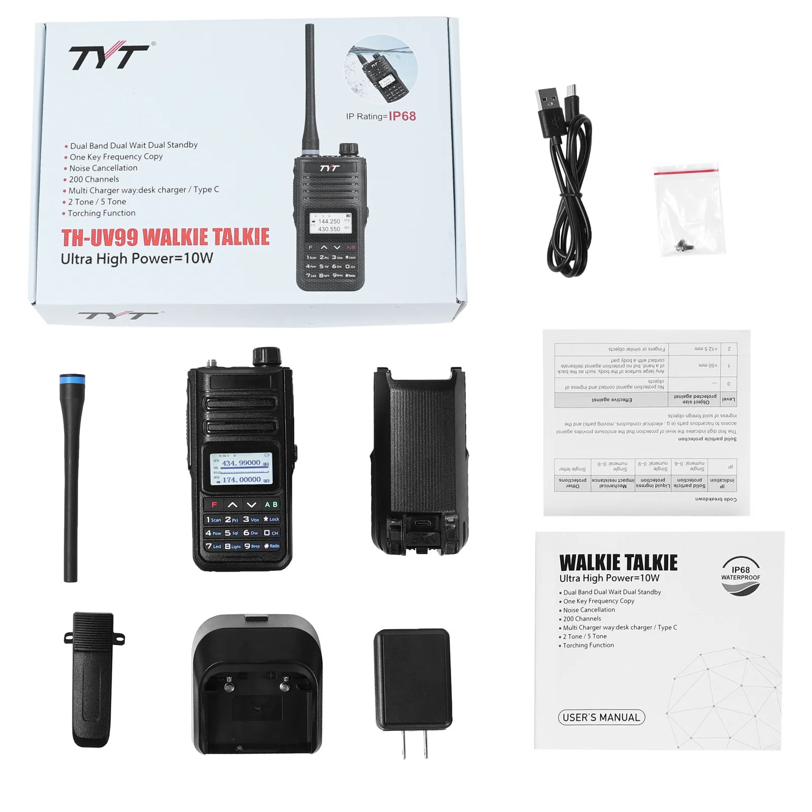 TYT TH-UV58 IP68 Waterproof 10W UHF VHF Walkie Talkie 3200mAh Battery Type-C Charging 200 CH Radio TH UV99 6