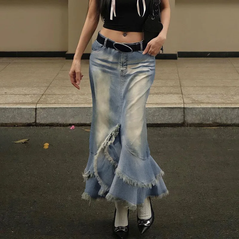 

American Spicy Girl Style Distressed Washed Denim Fishtail Skirt with Fringe Design, Autumn New Arrival Low-waisted Long Skirt.