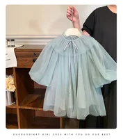 Robe en Tulle de couleur unie pour petites filles, décolleté à volants, nœud papillon au dos, manches bouffantes, jupe élégante en maille superposée 1