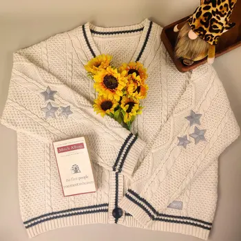 Vintage Embroidery Star Loose Sweaters for Women Long Sleeve Single Breasted Oversize Knitted Cardigans Taylor Long Sleeve Top 5