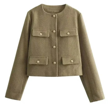 HXAO أزياء المرأة اقتصاص السترات الخريف الشتاء طويلة الأكمام سترة محكم زر حتى سترة امرأة أنيقة وأنيقة 6