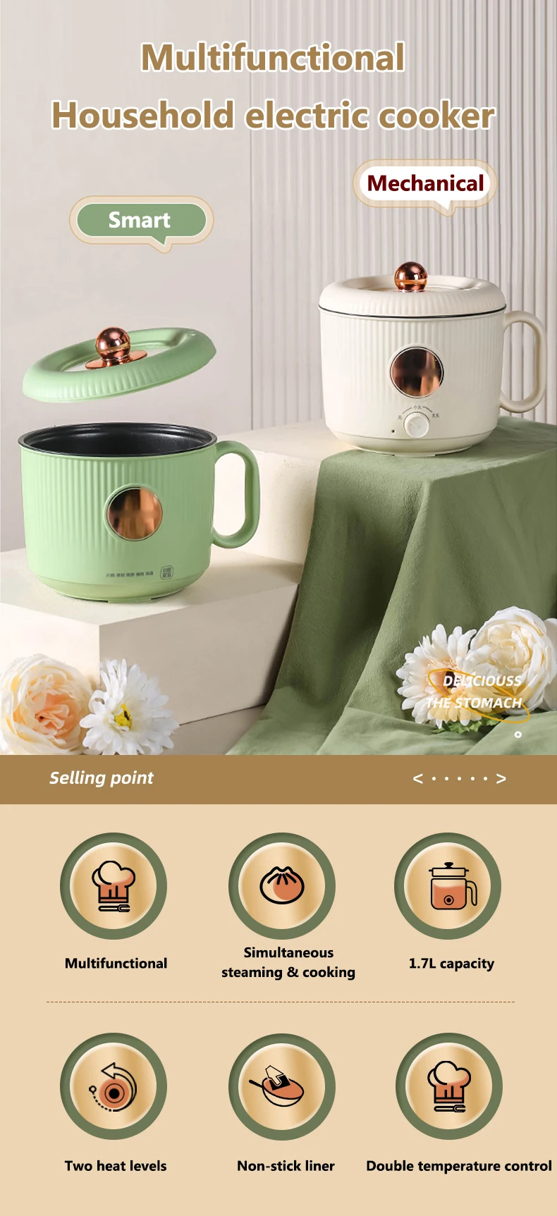 Description Picture 2 of item1.7L Smart Electric Cooking Pot Noodles Egg Boiler Stew Soup Stir-fry Pan Food Steamer Hotpot Multicooker Keep warm Rice cooker