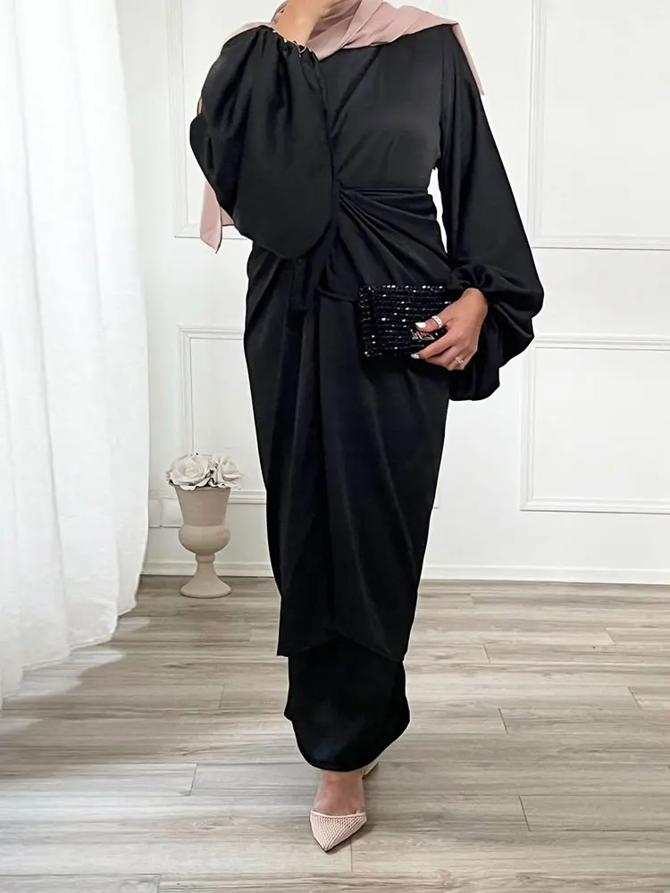 Matching Abaya for Women Soft Satin Islamic Clothing Long Dress Wrap Skirt Ramadan Eid Muslim Set Dubai Turkey Modest Kaftan