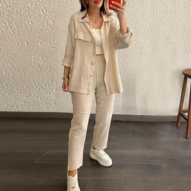 Streetwear Two Piece Sets Women Outfit Long Sleeves Pocket Loose Shirt New In Matching Sets Fall Winter Casual Female Pants Sets