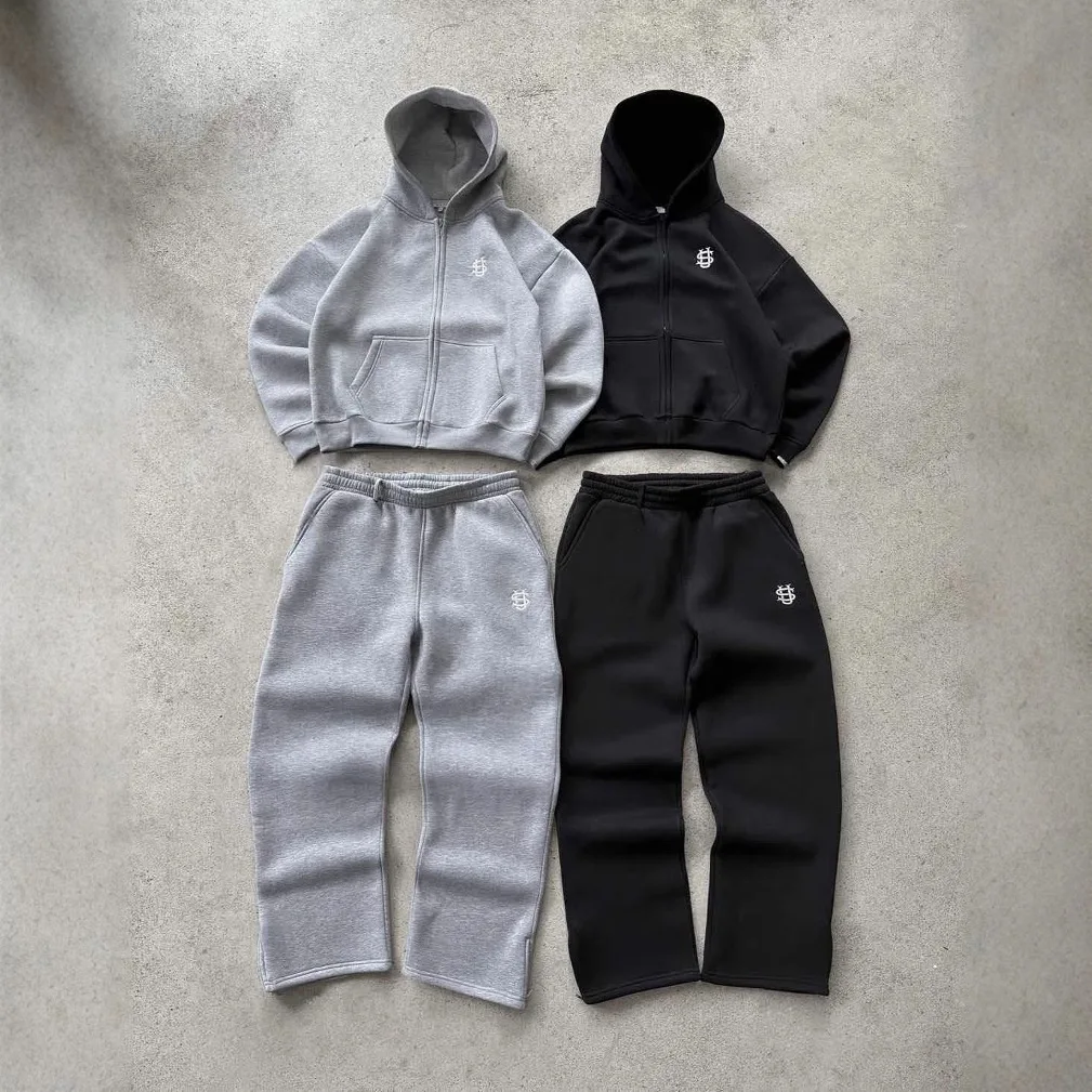 Harajuku embroidered zip gray hoodies tracksuit men sweatshirt sweatpants two-piece set jacket new y2k streetwear mens clothes