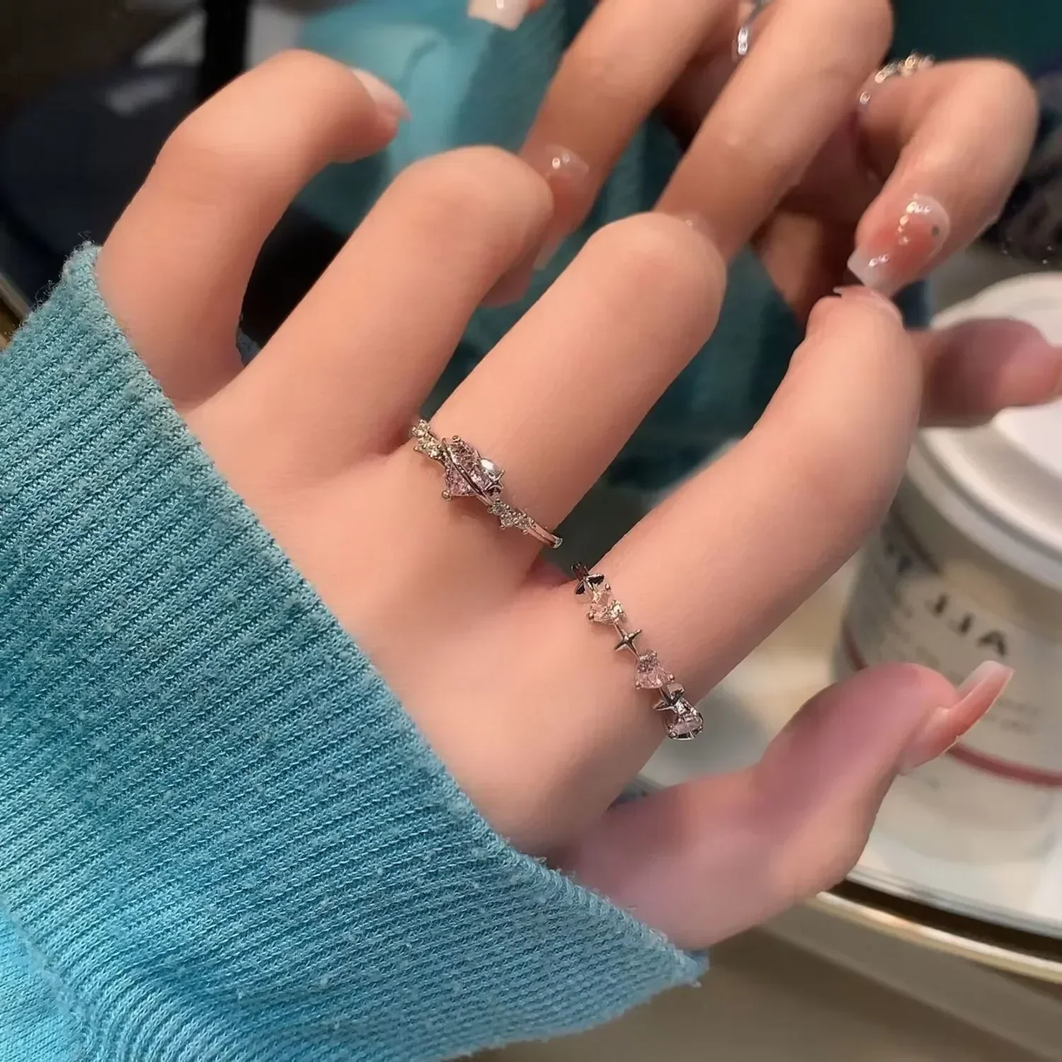 Y2K Style Sparkling Pink Zircon Bride Rings for Women Couples Korean Trendy Heart Star Geometric Wedding Earring Party Jewelry 6