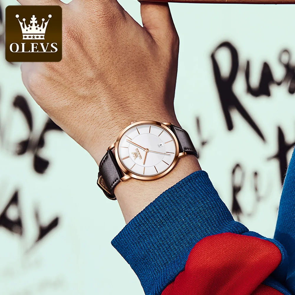 OLEVS Fashion Quartz Watch for Men Casual Leather Strap Ultra Thin Men's Watches Date Simple Dial Waterproof Wristwatches Reloj