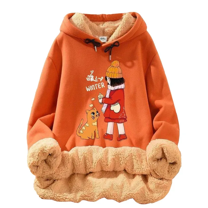 

Winter Thicken Cashmere Plush Coat Sweatshirt Women Loose Jacket Pocket Cartoon Cute Cat Pullovers Drop-shoulder Hooded Orange