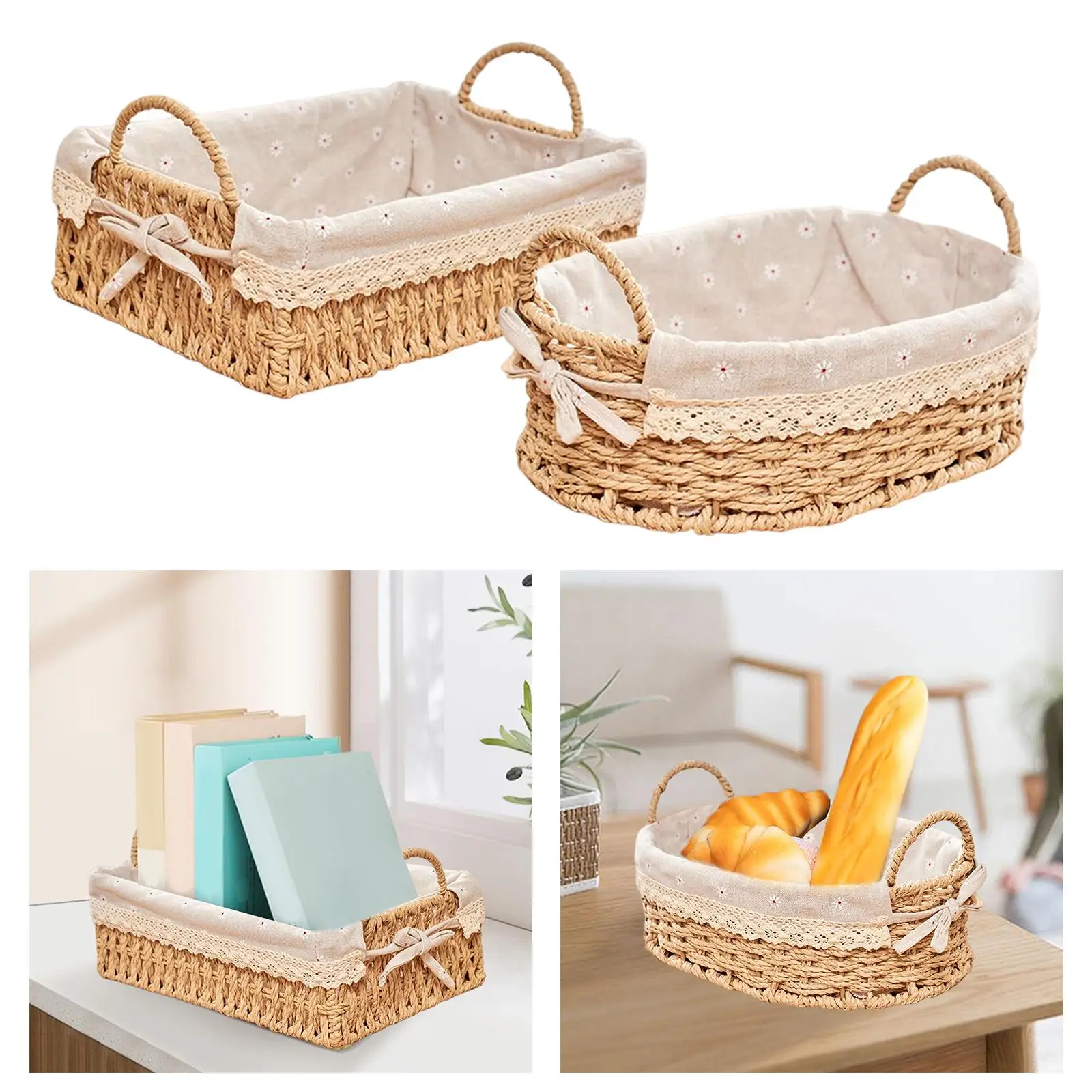 Woven Storage Baskets Handwoven Kitchen Organizer Cosmetic Box for Vegetables Breakfast Bread Bedroom Home Decorative