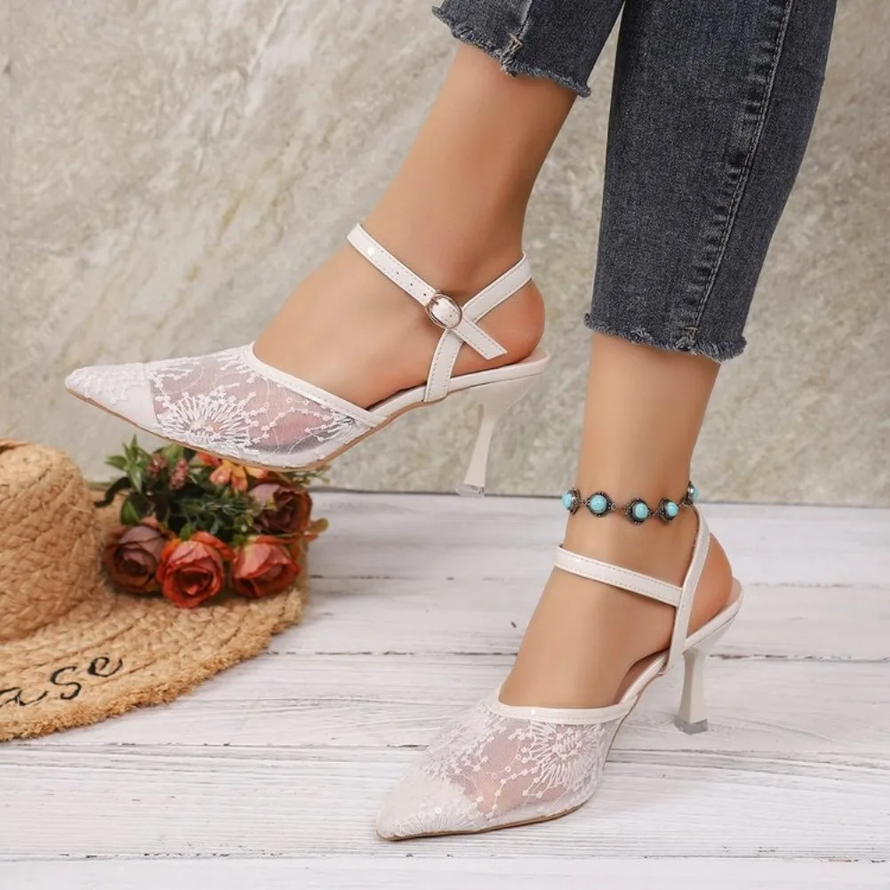 2025 Summer Women Sexy Mesh Lace Slim Sandals Black White Hollow Ankle Buckle High Heels Party Shoes Dress Pointed Female Pumps