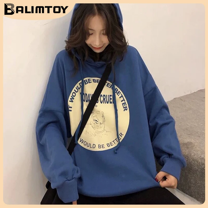 With Hat Hoodies Women Retro High Street All-match Loose Casual Lazy Warm Thicker Fashion Letter Printing Sweatshirts Teen y2k american sweater contrast female y2k street retro gothic spice girl loose casual lazy wind sweater for men and women