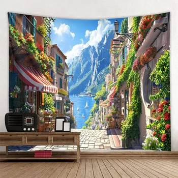 Beau tapisserie murale suspendue de paysage de bord de mer, tapisserie de château de rêve, tissu suspendu pour chambre à coucher, tapis de pique-nique de plage, feuilles de yoga 1