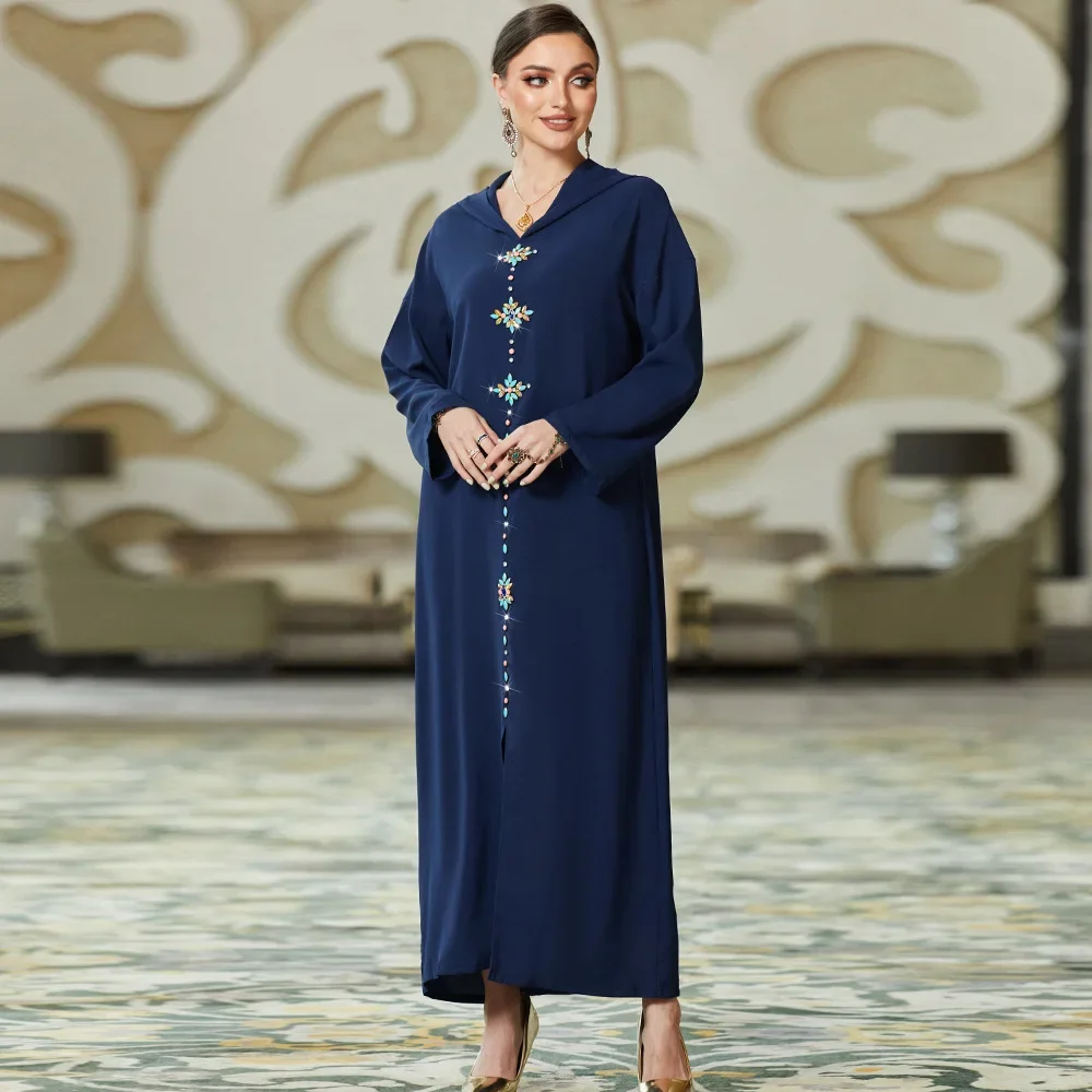 

Dark Blue Muslim Dress Hand Stitched Diamond Women Abaya Elegant Dubai Turkey Arabic Islamic Clothing Hooded Saudi Muslim Robe