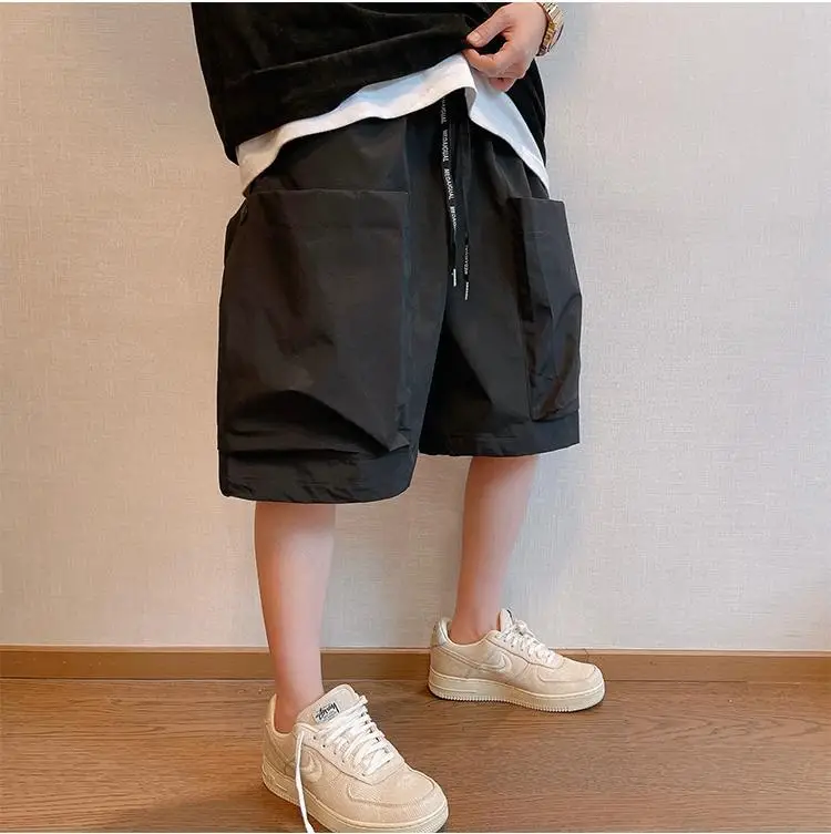 Men Trendy Casual Streetwear Hip Hop Big Pocket Design Cargo Short Pants Y2K 2024 Summer Youth Solid Oversize Baggy Beach Shorts
