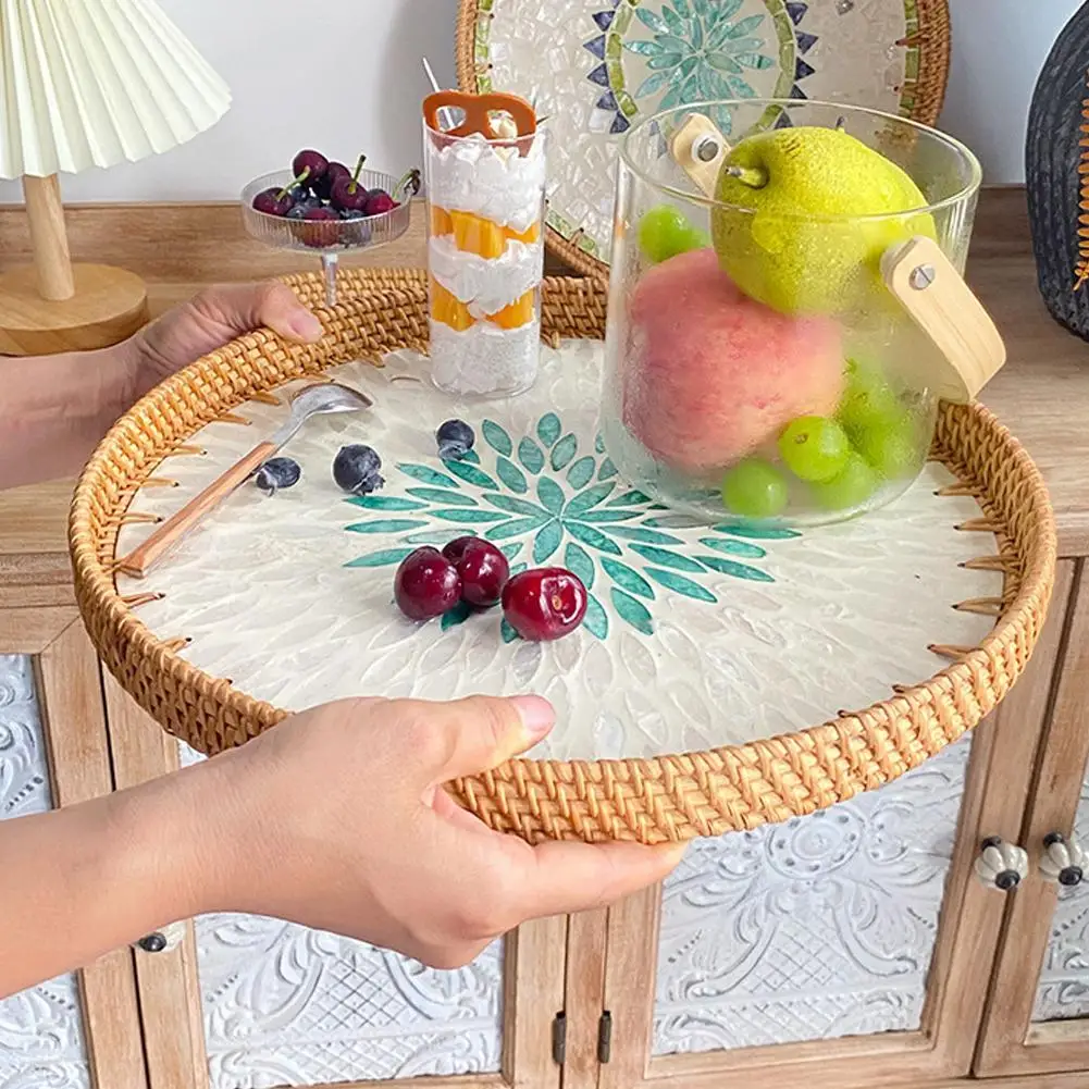 

Handwoven Rattan Tray Bread Woven Storage Baskets Fruit Cake Snacks Round Picnic Basket Dinner Serving Trays Kitchen Supplies