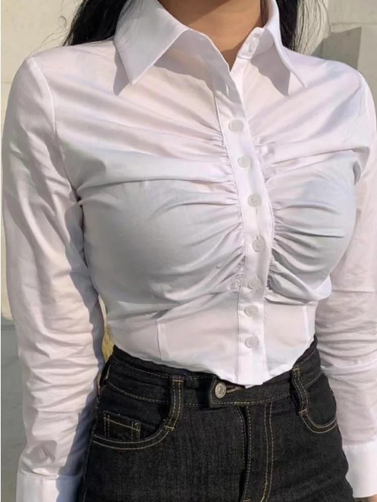 

Korea Slim Sexy Pleated Short Long Sleeve Shirt Women Blouse Polo Neck Fashion Slim Sweet Shirt 2022 Autumn C543