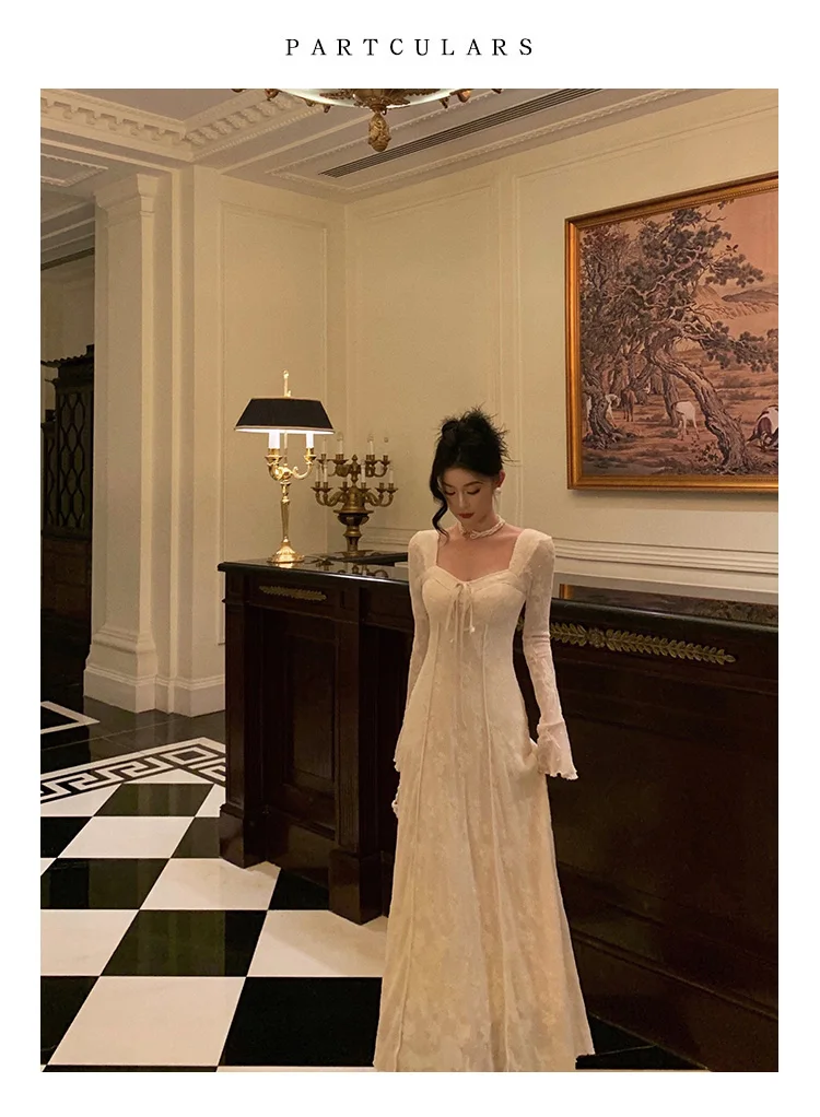 Women's Solid Midi Dress Flare Sleeves Square Collar A-Line Lace Up Autumn Spring French Elegant Vintage Prom Robe Vestidos New