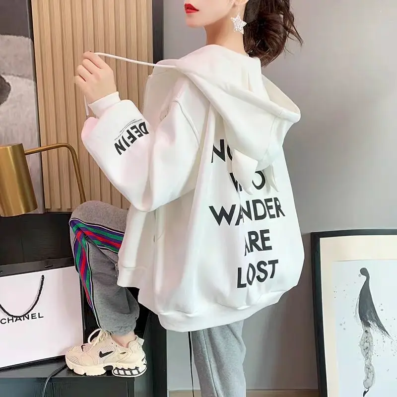 Women 2024 Lazy Style Zipper Harajuku Long Sleeve Coats Hoodies All-match Plus Velvet Letter Jackets Loose Autumn Winter Outwear