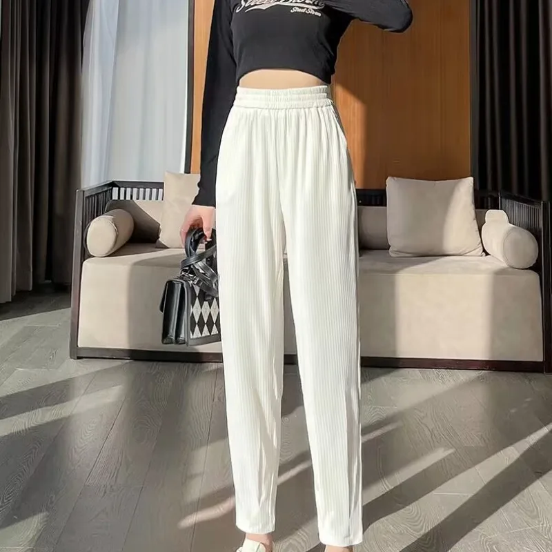 2023 New Hot Women's Clothing Summer Thin Solid Color High Waist Loose Casual Fashion Pocket Sports Harun Polyester Long Pants