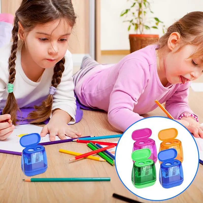 어린이용 컴팩트 펜슬 샤프너, 2 홀, 듀얼 홀, 12PCs, 뚜껑이 있는 컬러 펜슬 샤프너, 사무용품