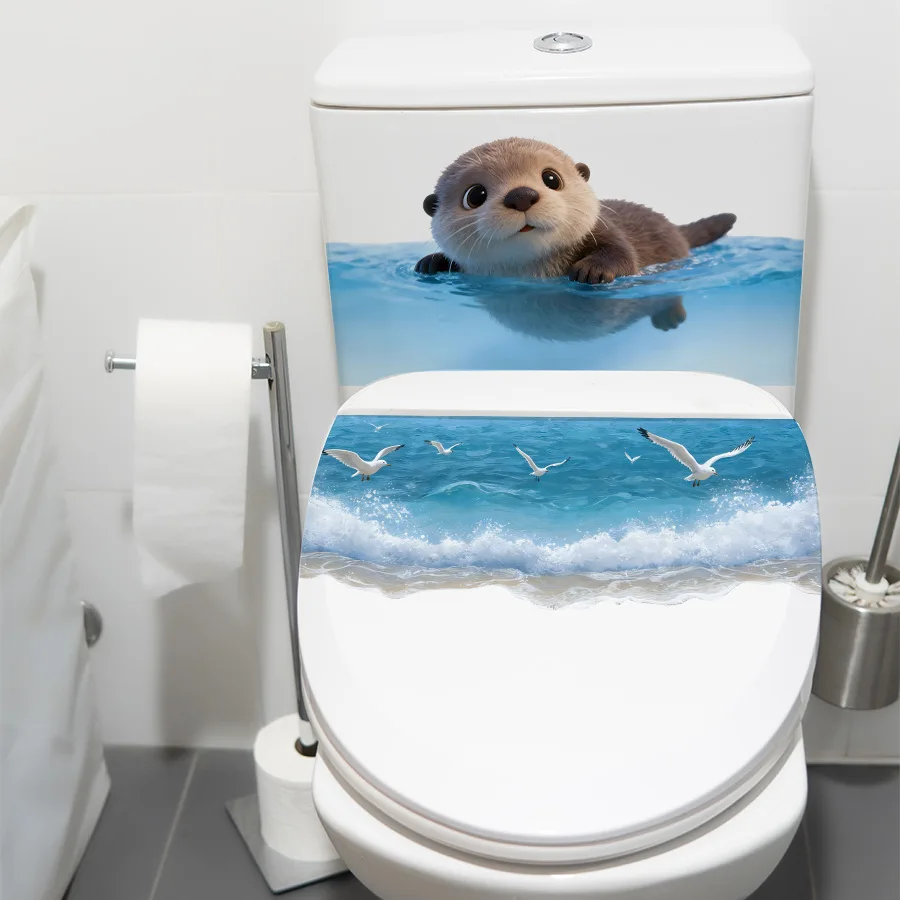 Cute Otter Ocean Wave Toilet Tank Sticker - Vinyl Wall Art