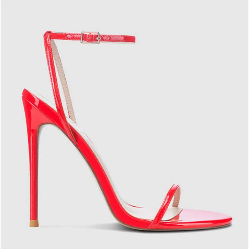 Summer Pointed Patent Leather One-line Foot Nude Lace-up Sexy Sandals Thin High-heeled Banquet Dress Large-size Women's Shoe