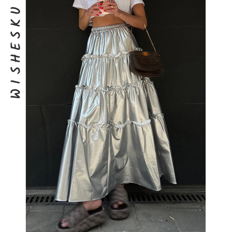 

Sexy Metallic Silver Ruffle Cake Maxi Skirt Women High Waist Loose Pleated Long Skirts 2023 Spring Fall Birthday Luxury Clothes