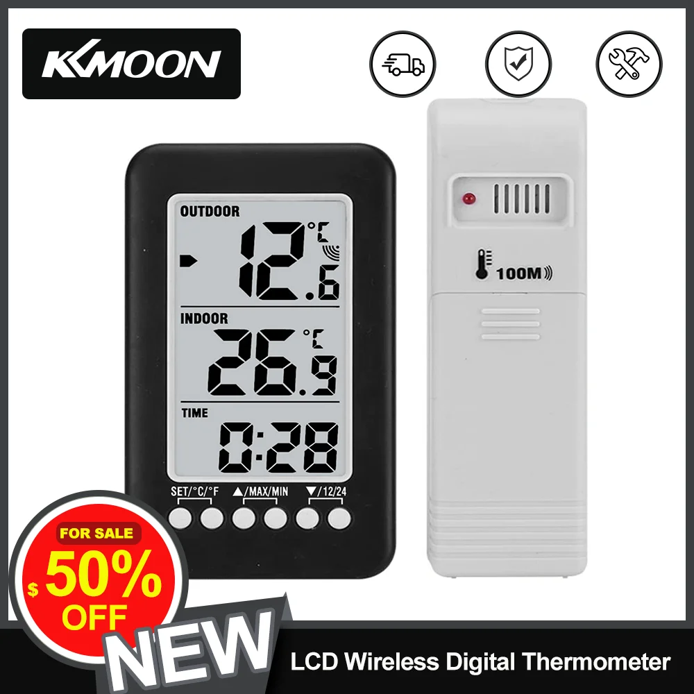 LCD Wireless Indoor/Outdoor Digital Thermometer Clock Temperature Meter Weather Station