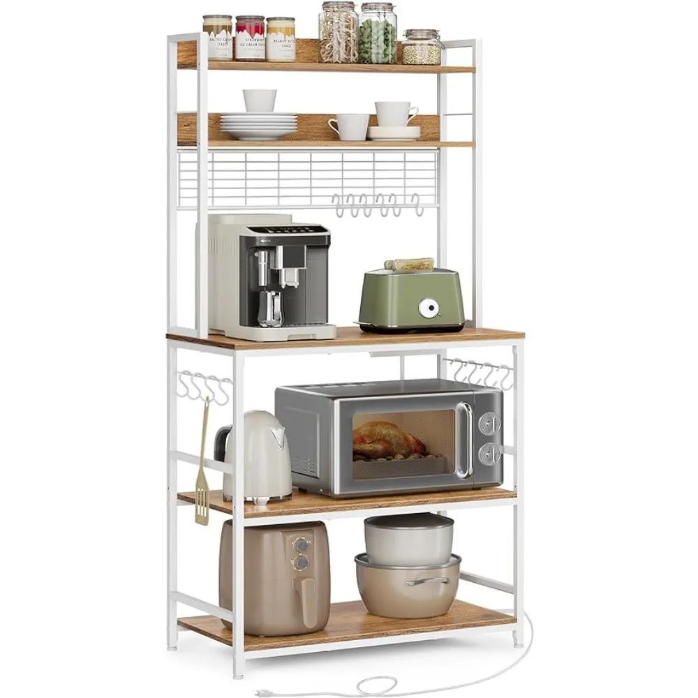 

VASAGLE Adjustable Microwave Stand with Outlet, Hooks, and Storage Shelf - 66.9in, Rustic Walnut/White
