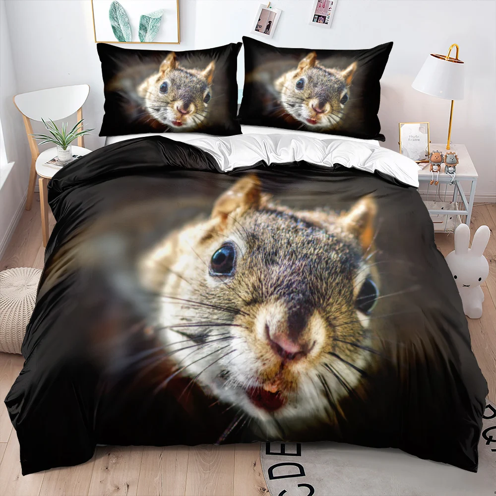 

3D Squirrel Funny Animal 3pcs Bedding Set Black Unique Soft Duvet Cover With Pillow Shames King Queen Size For Kids Teens Boys