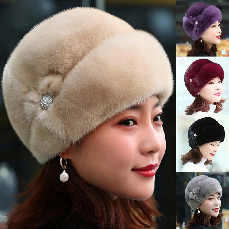 Fur hat Winter hat Women Earflap Fisherman Earwarmer Floral Basin Cap