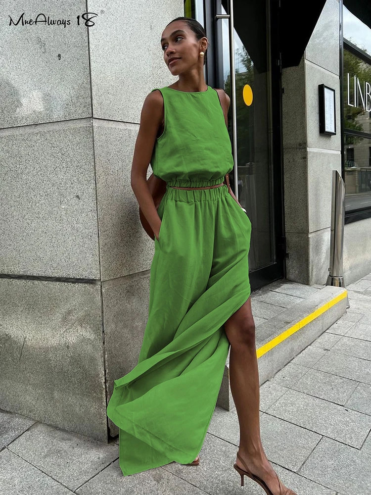 Mnealways18 Cotton Linen Khaki Pants Sets Vacation Summer Sleeveless Tops And Split Pant Suits 2024 Two Pieces Office Ladies Set