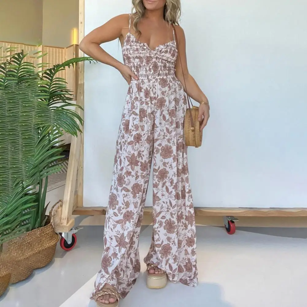 Pleated Jumpsuit Floral Print V Neck Jumpsuit for Women Wide Leg Summer Romper with Elastic Waist Spaghetti Straps for Vacation