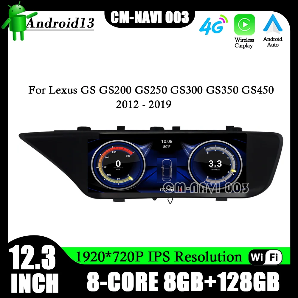 

Автомагнитола для Lexus GS GS200 GS250 GS300 GS350 GS450, 12,3 дюйма, Android 13, GPS-навигация, стерео, мультимедиа, Carpaly, 4G, Wi-Fi, 1920*720P
