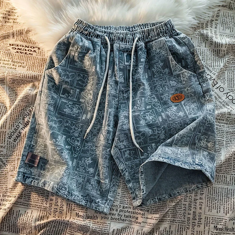 

Male Denim Shorts Blue Printed Anime Shorts Jeans Black Baggy Jeans with Print Men Summer Streetwear Hip Hop Harajuku