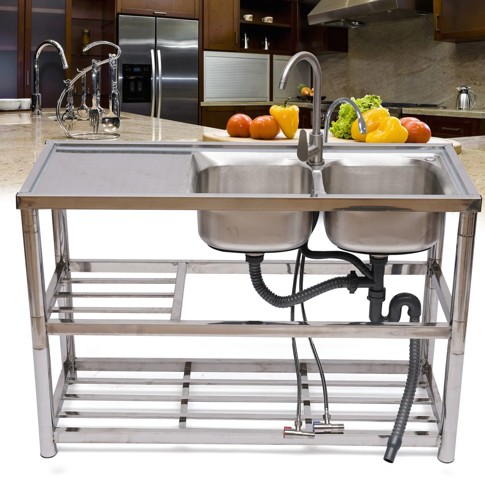 2 Compartment Catering Sink Commercial Stainless Steel Kitchen Sink Dish Washing Disinfection Pool with Standing Rack Drainer