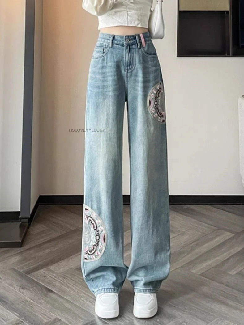 Autumn Winter New Chinese Embroidered Loose Straight wide-leg Women Elegant Daily Improved Vintage Ethnic Style Jeans Pants