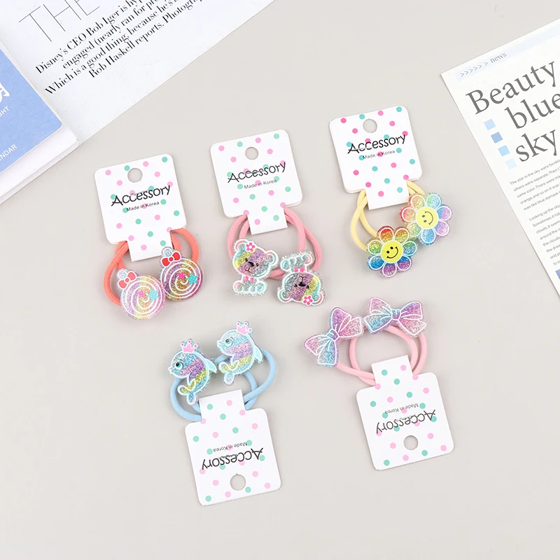

2Pcs/set Lovely Cartoon Rainbow Sequins Hair Rope Children Cute Elastic Hair Ties For Kids Hair Accessories Headwear