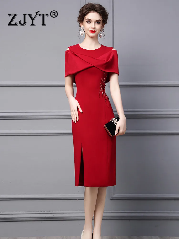 

ZJYT Elegant Luxury Beading Wedding Evening Gown Red Party Dresses for Women Summer 2023 Cloak Short Sleeve Midi Straight XXXL