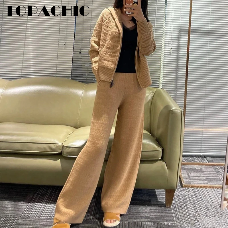 

11.1 TOPACHIC Women's 100% Cashmere Hooded Zipper Kangaroo Pocket Knitted Cardigan Or Pullover Sweater Or Wide Leg Pants